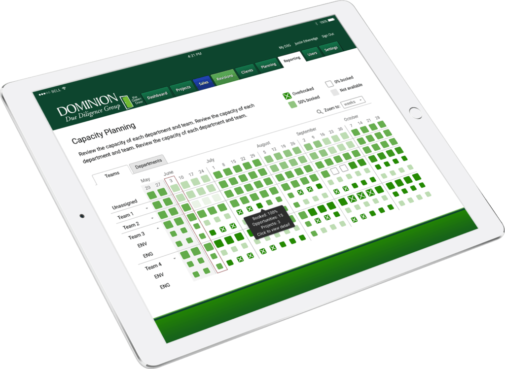 Mockup of the D3G project management application on an ipad.