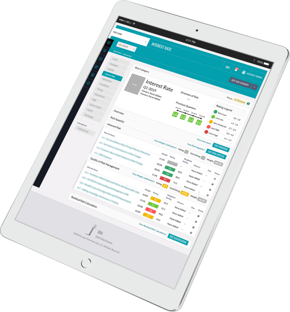 iPad showing a screen from the Watchtower financial risk management app
