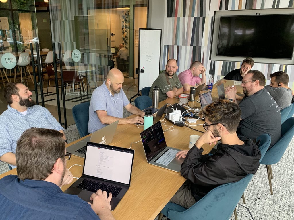 Most of the team working together at a recent co-working day