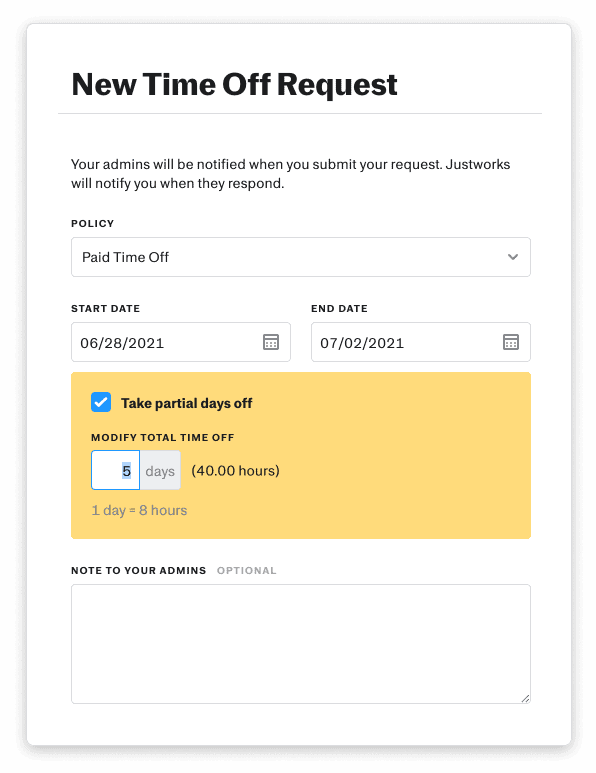 Screenshot of Justworks's Time Off request form