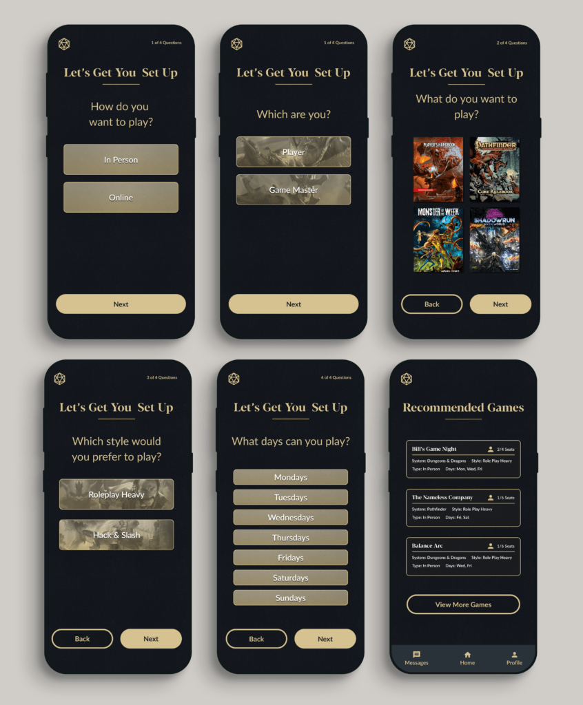 Mockups of the party starter app