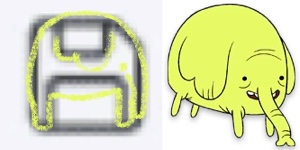 A bad sketch of Tree Trunks over top of the new floppy disk icon