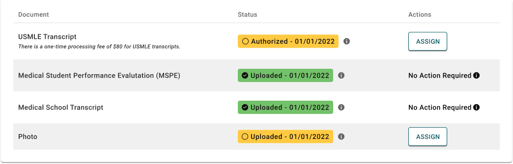 A mockup of the table from the application portal. The actions dropdown has been replaced with a white button with blue text and outline that says "Assign".