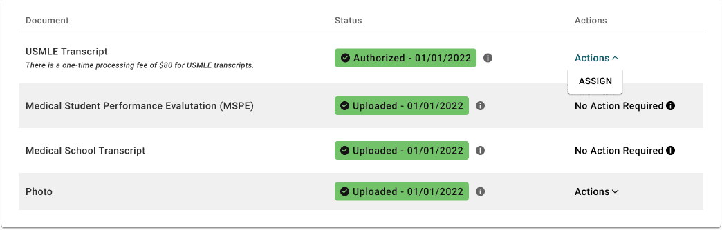 A mockup of the table from the application portal. One the first row of the table, there's a column called actions that has a dropdown menu opened and the actions button is focused.