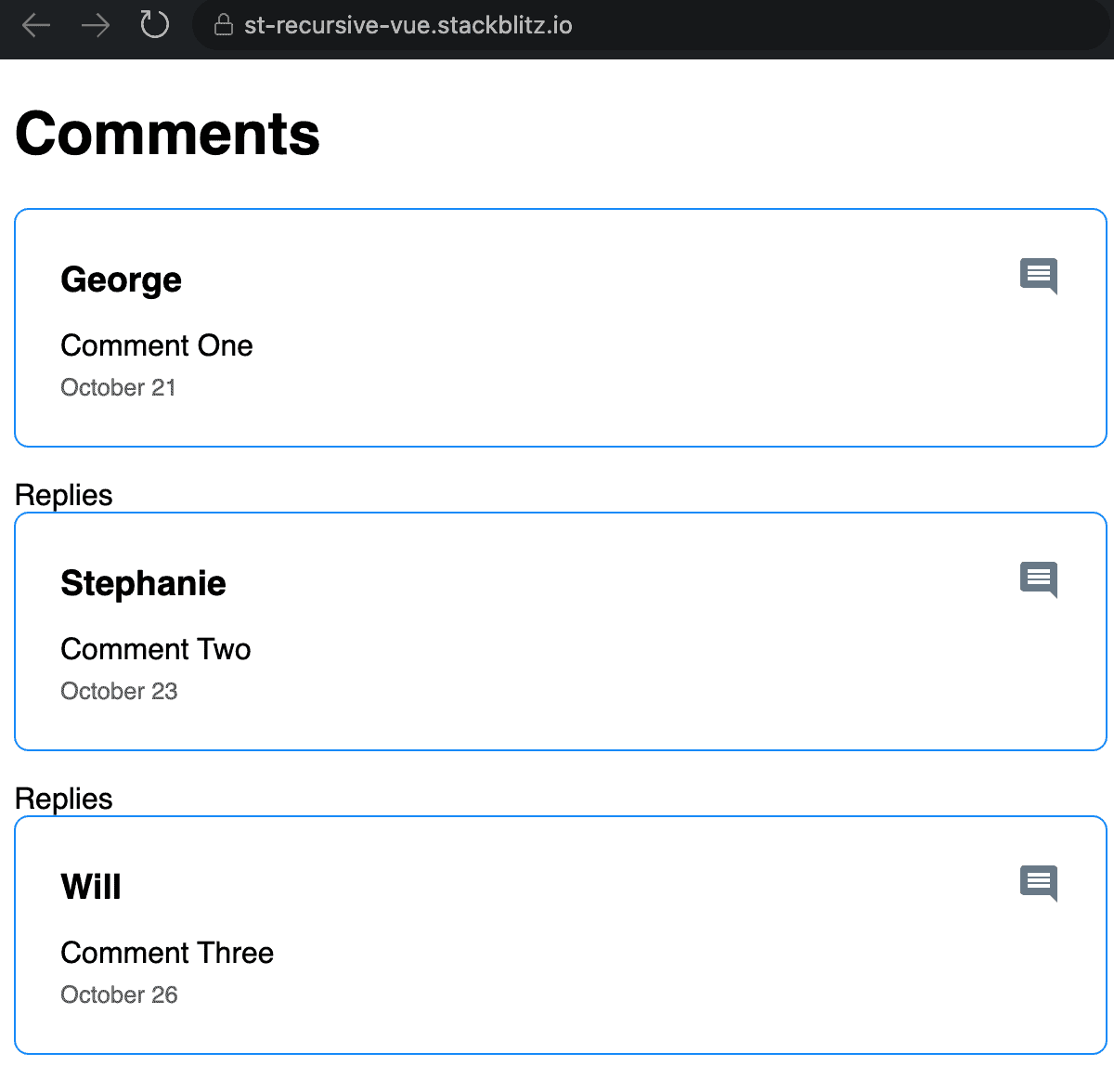 Comment thread output showing replies