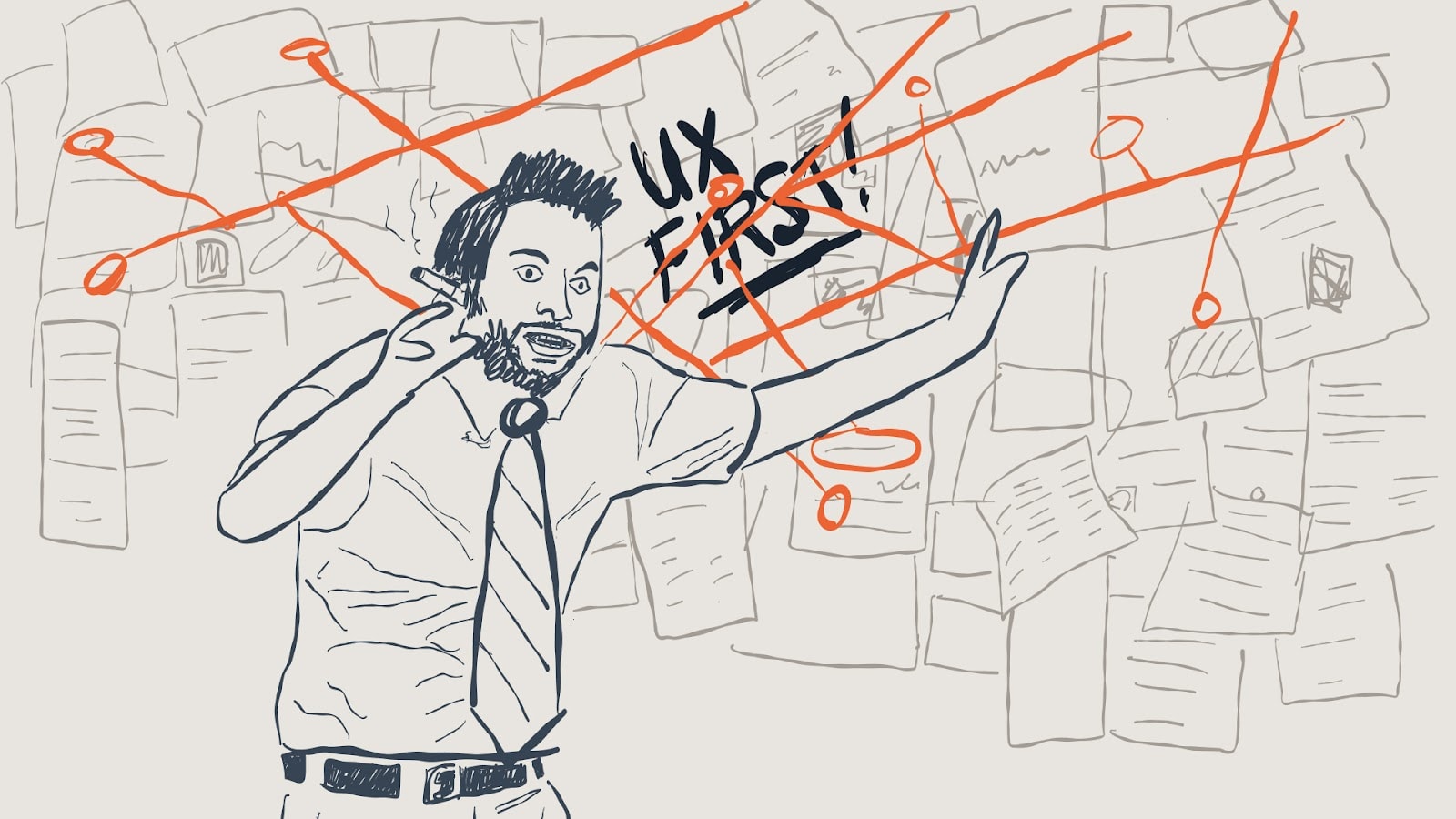 The image is a custom illustration of the Pepe Silvia meme from It's Always Sunny in Philadelphia where the character Charlie Kelly, very stressed, stands in front of a wall of messy papers with red string connecting points. Where the meme says 'Pepe Silvia' the illustration says 'UX First'.