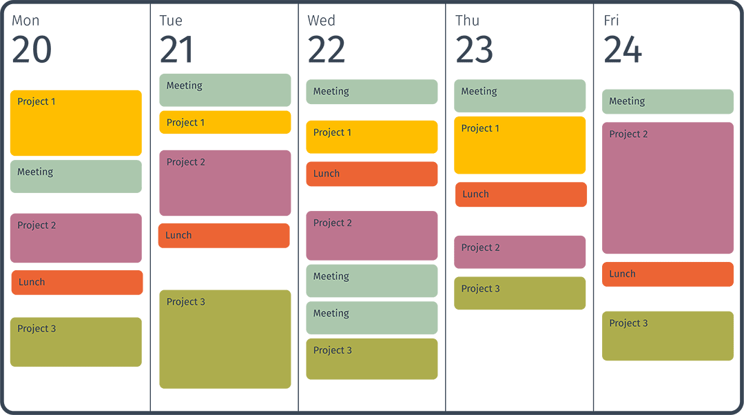 An example of a calendar with meetings and blocked off sections of the day to focus on work