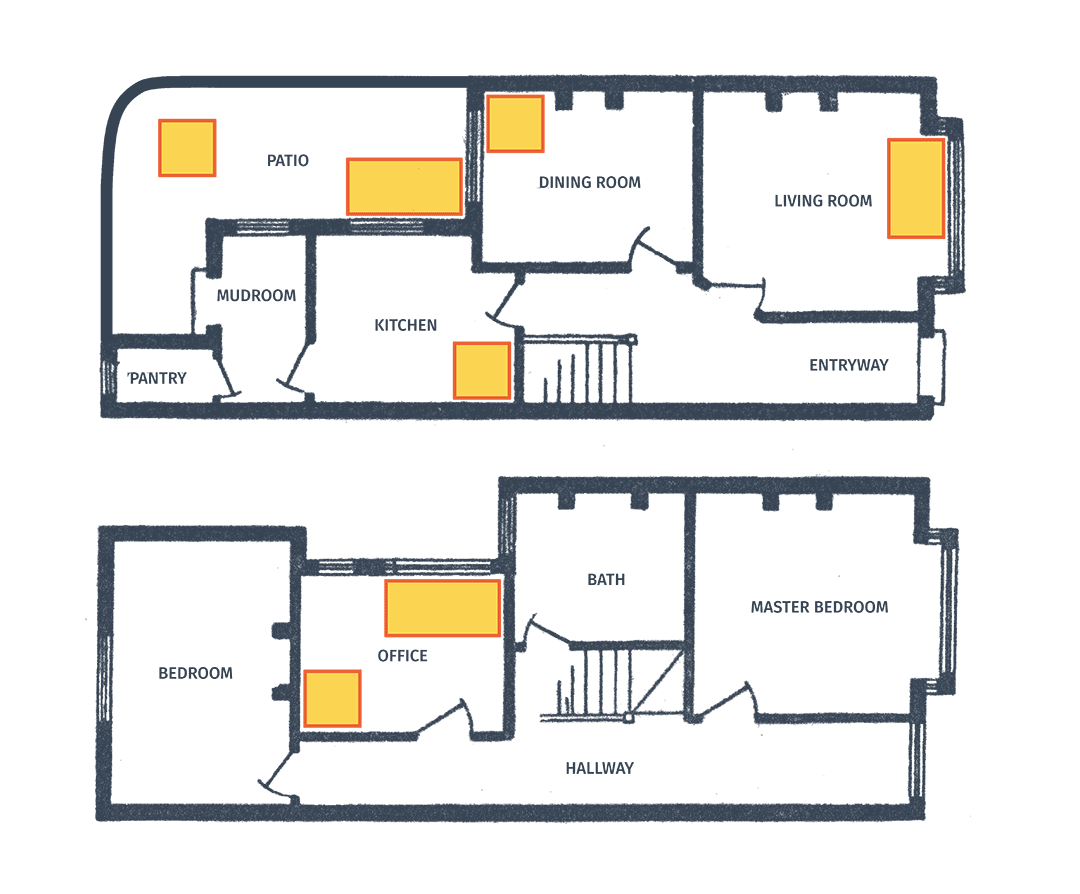 A floor plan defining work spaces in a two-story home layout
