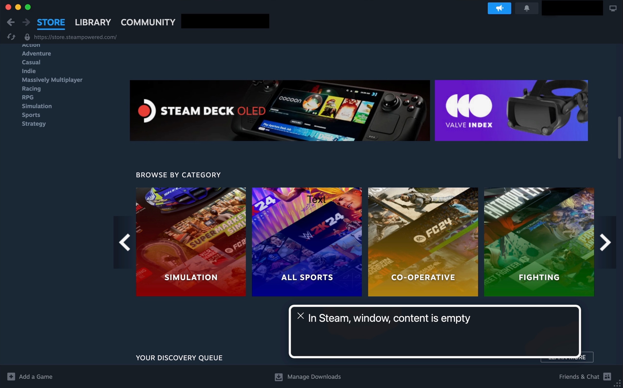 Voiceover can't capture anything in the Steam desktop client. It reads: "In Steam, window, content is empty"