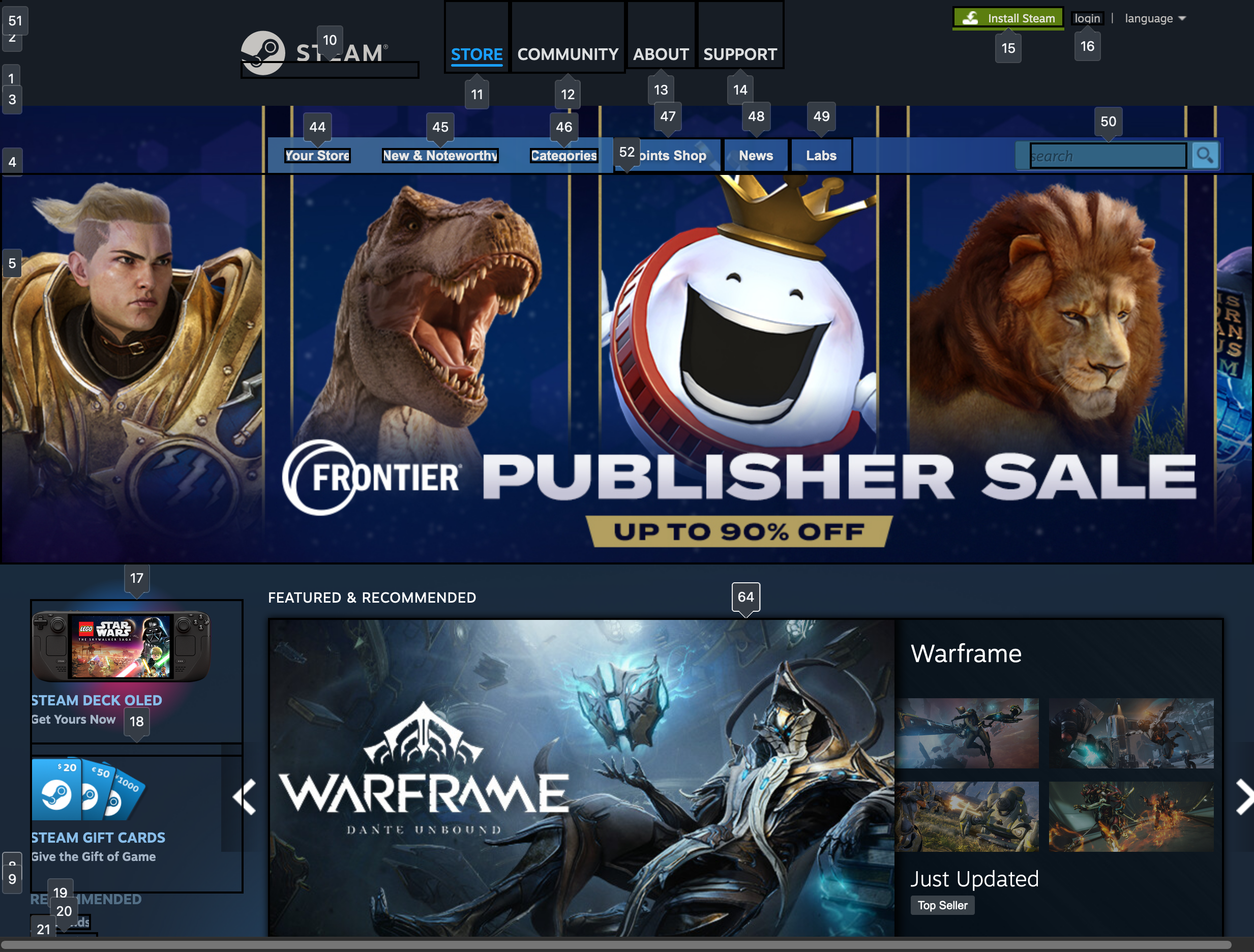 Screenshot of the Steam home page showing the tab order captured by Firefox dev tools