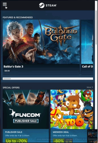 Steam mobile menu sliding in and out from the left edge when the menu button is clicked