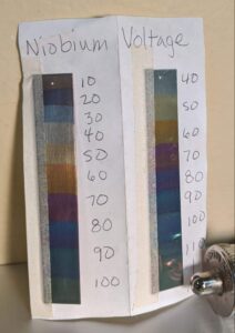 Paper with two strips of metal showing a variety of colors and handwritten voltages from 10 to 110.