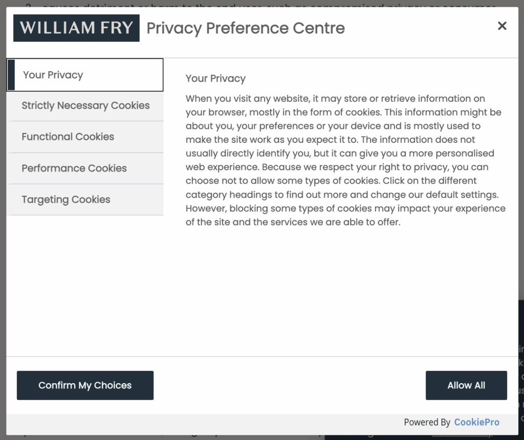 Cookie Settings modal Step 1