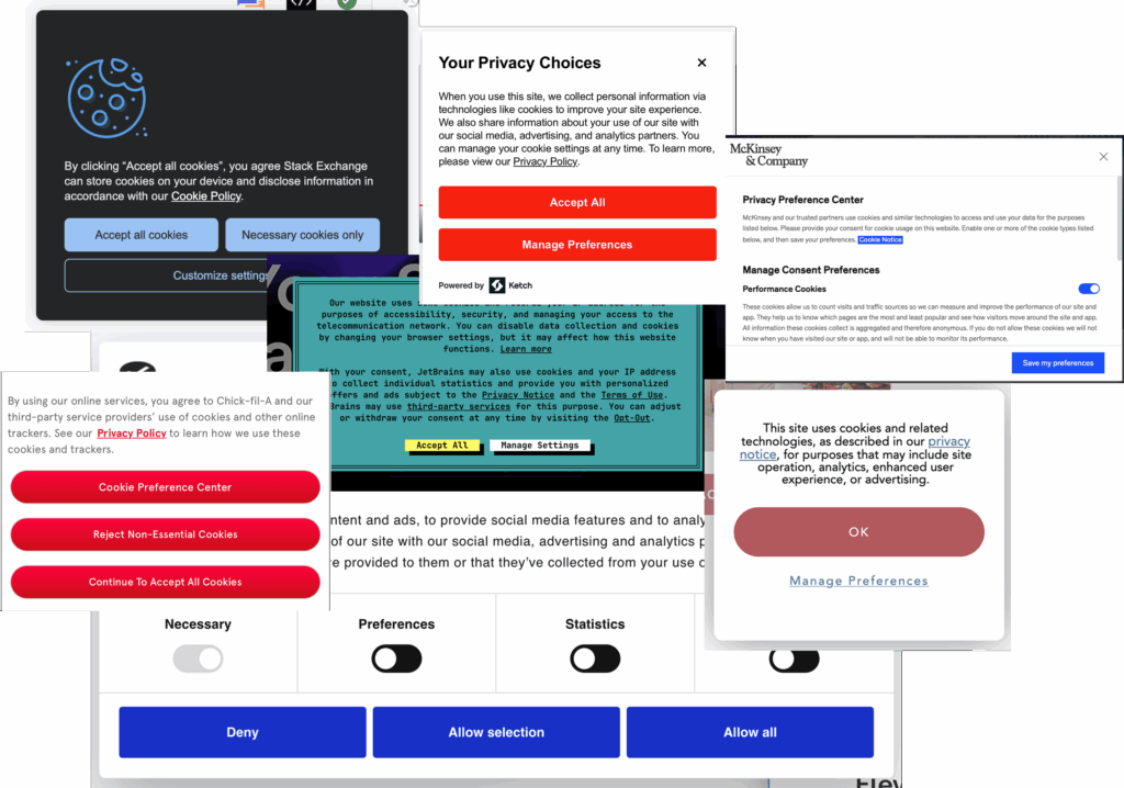 Seven examples of cookie consent banners stacked on top of each other